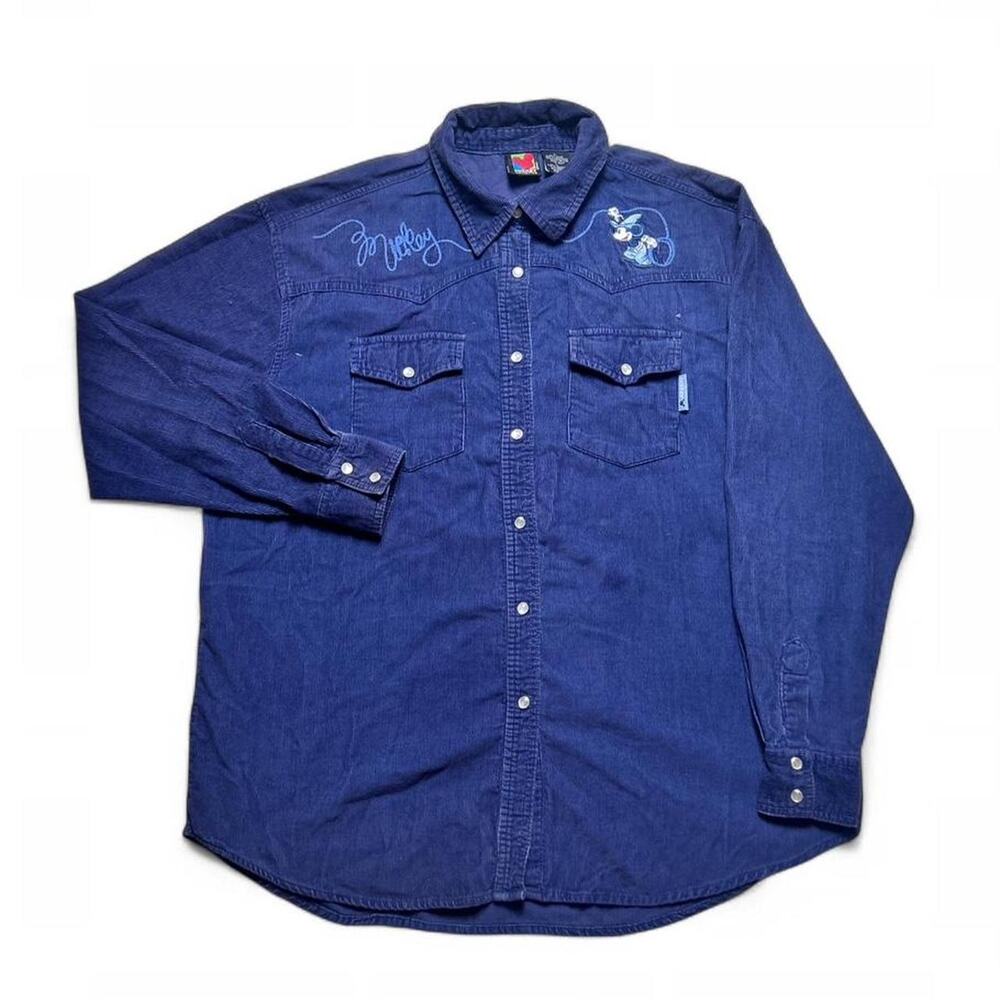 Disney Cowboy Mickey 90s Vintage Corduroy Western Pearl Snap Button Shirt Large